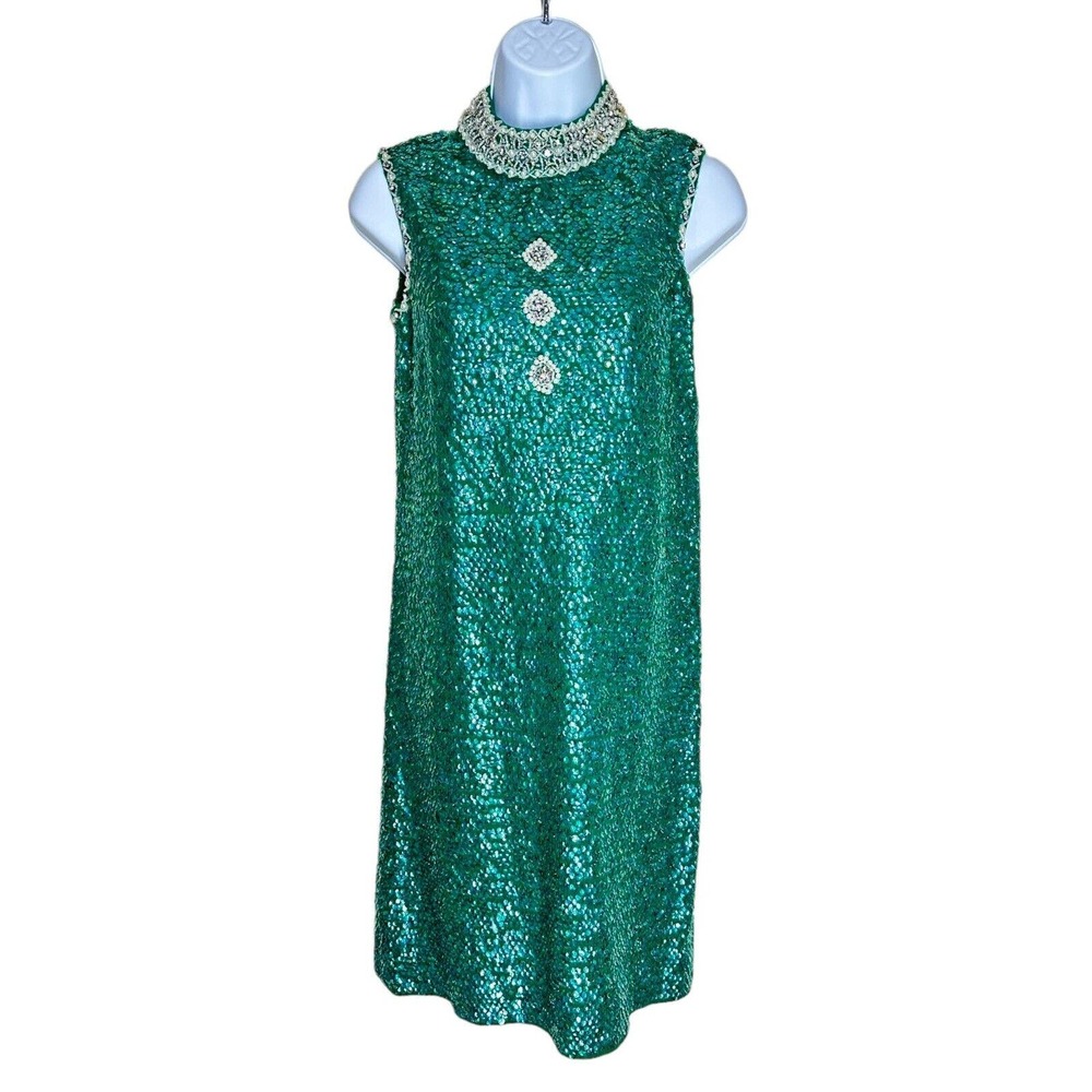Vintage Imperial 50s 60s Green 8 All Over Sequin Dress Beaded Collar Cocktail
